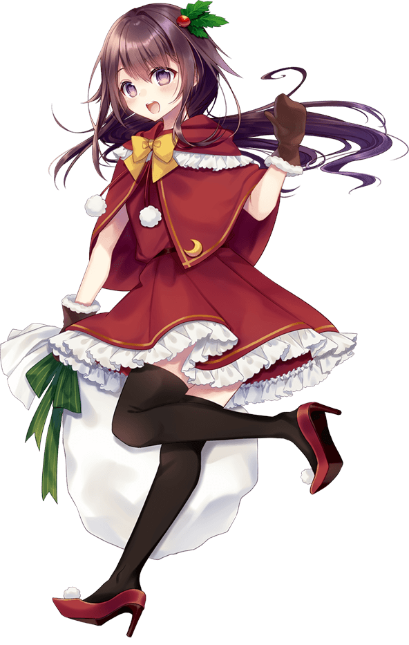 1girl black_legwear blush brown_gloves brown_hair cape crescent crescent_moon_pin eyebrows_visible_through_hair full_body gloves high_heels kantai_collection kisaragi_(kantai_collection) kusada_souta long_hair official_art open_mouth pom_pom_(clothes) red_cape red_footwear sack santa_costume smile solo thigh-highs transparent_background violet_eyes