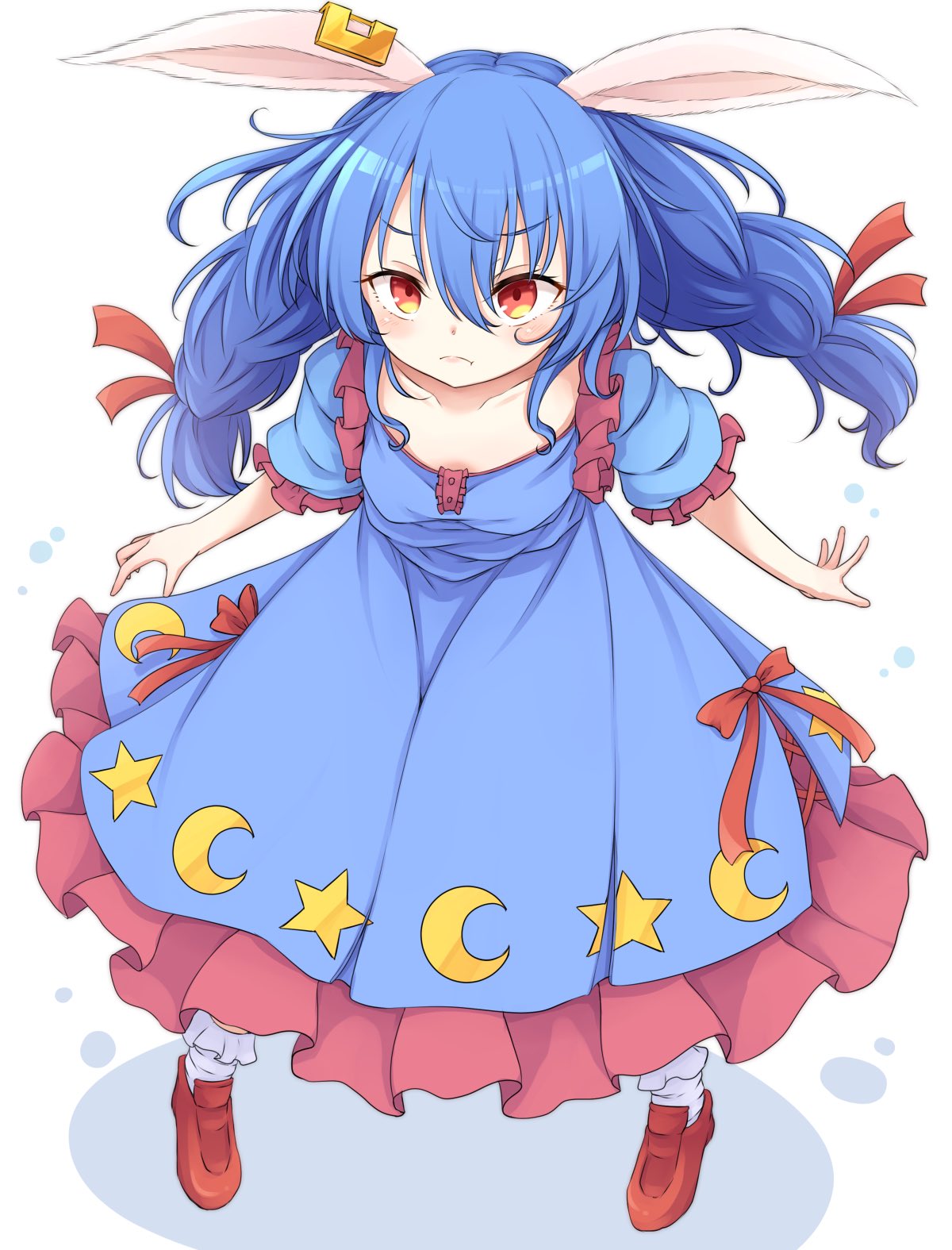 1girl :t animal_ears blue_dress blue_hair blush bobby_socks breasts closed_mouth collarbone commentary_request crescent_print dress ear_ornament eyebrows_visible_through_hair from_above frown full_body hair_between_eyes highres long_hair looking_at_viewer neko_mata petticoat pout puffy_short_sleeves puffy_sleeves rabbit_ears red_eyes red_footwear seiran_(touhou) short_sleeves small_breasts socks solo standing star_(symbol) star_print touhou twintails v-shaped_eyebrows white_legwear