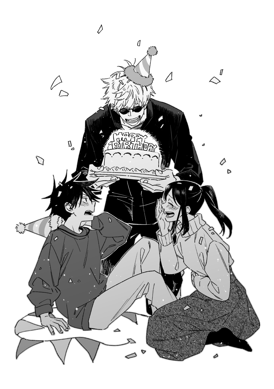 1girl 2boys bangs birthday_cake blush brother_and_sister cake confetti food full_body fushiguro_megumi fushiguro_tsumiki gojou_satoru greyscale hair_between_eyes happy_birthday hat highres holding holding_plate jamon0iberico jujutsu_kaisen knees_up long_skirt long_sleeves looking_at_another monochrome multiple_boys open_mouth pants party_hat plate ponytail round_eyewear shirt siblings sidelocks simple_background sitting skirt spiky_hair sunglasses sweater turtleneck turtleneck_sweater