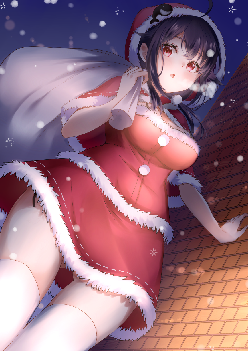 1girl ahoge blush breasts brick_wall christmas commentary_request hair_between_eyes hair_flaps hat highres kantai_collection large_breasts long_hair mashiro_aa open_mouth pom_pom_(clothes) purple_hair red_eyes ryuuhou_(kantai_collection) sack santa_costume santa_hat snowing solo taigei_(kantai_collection) thigh-highs white_legwear