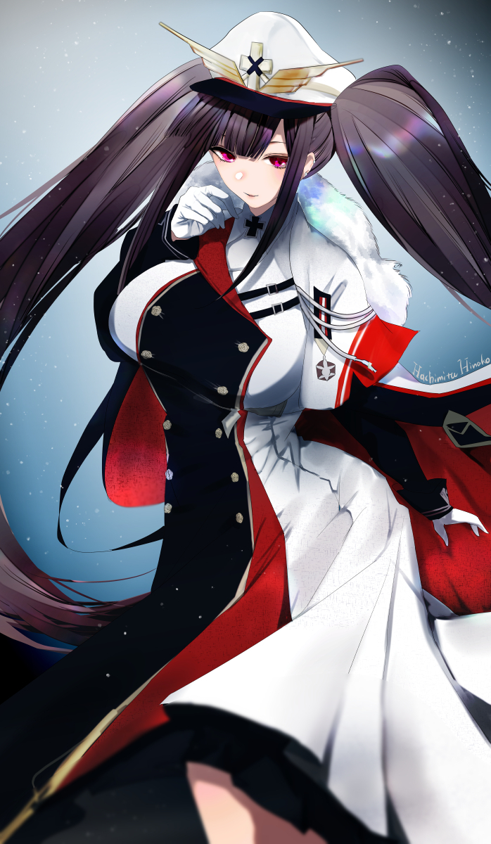 1girl artist_name azur_lane bangs black_hair blue_background blunt_bangs breasts cape commentary cowboy_shot double-breasted dress fur-trimmed_cape fur_trim gloves hachimitsu_hinako hand_up hat highres huge_breasts layered_dress long_dress long_hair looking_at_viewer military military_hat military_uniform multicolored multicolored_clothes multicolored_dress parted_lips peaked_cap peter_strasser_(azur_lane) red_eyes sidelocks smile solo standing twintails uniform very_long_hair white_cape white_dress white_gloves white_headwear wind wind_lift