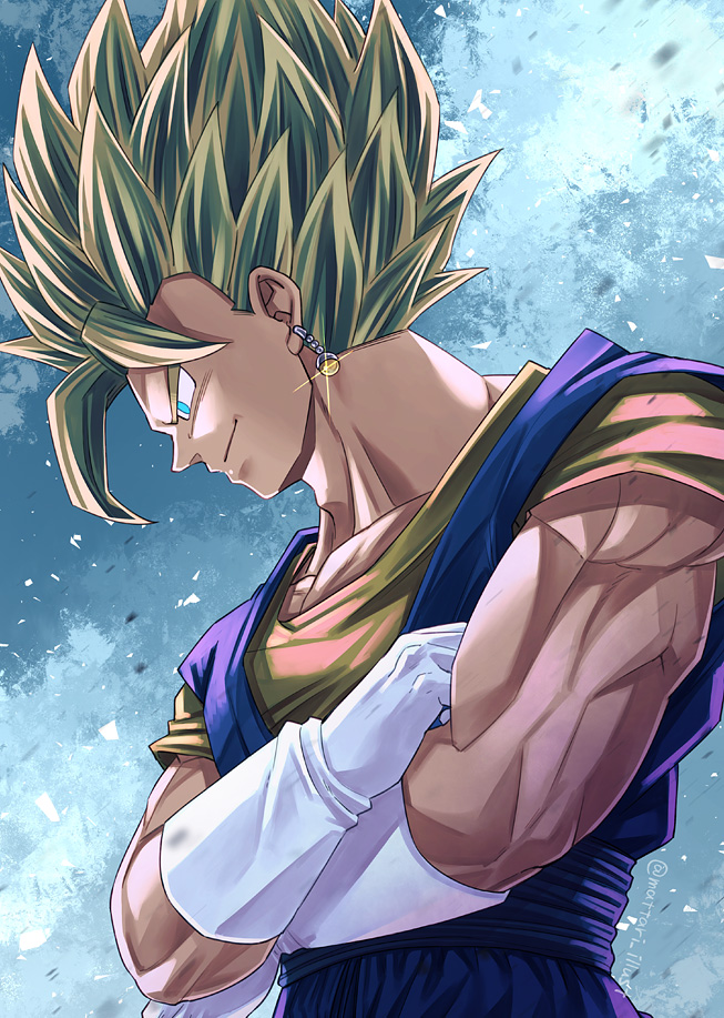 1boy blonde_hair blue_eyes crossed_arms dougi dragon_ball dragon_ball_z earrings gloves jewelry long_hair male_focus mattari_illust potara_earrings profile solo sparkle spiky_hair upper_body vegetto white_gloves