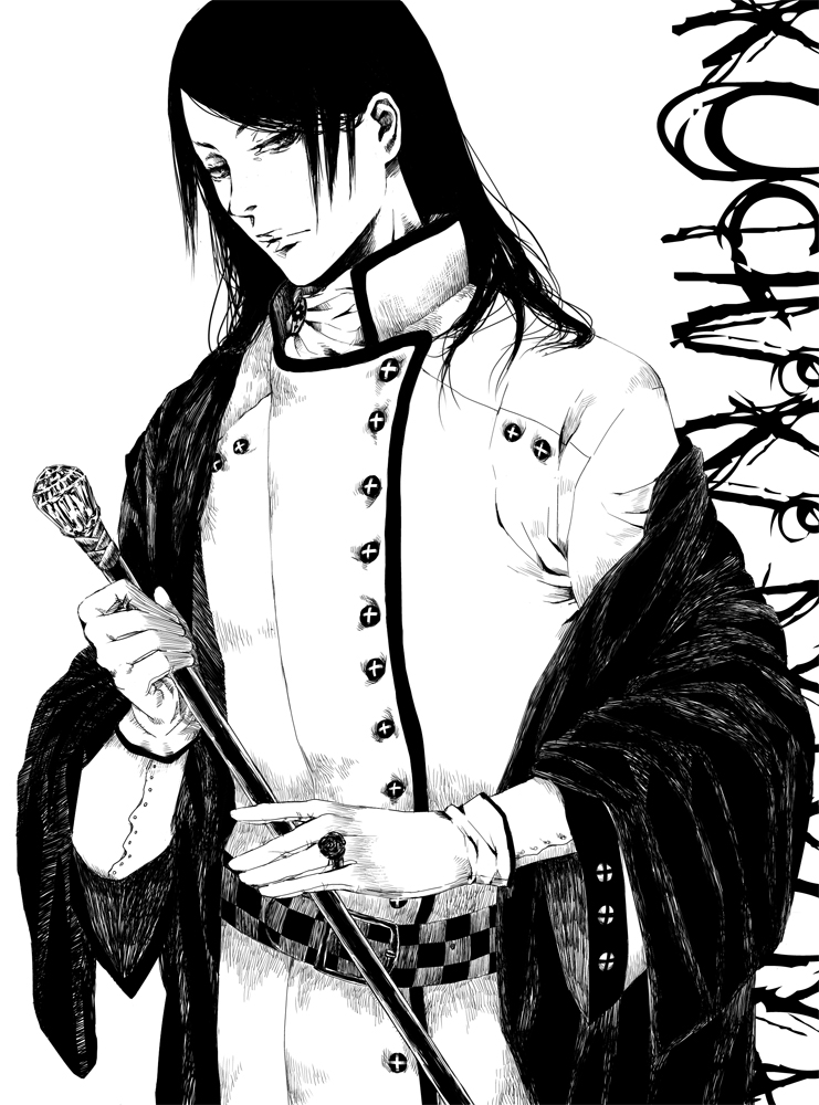 1boy alternate_costume bleach buttons cane closed_mouth commentary_request eyelashes greyscale high_contrast holding holding_cane kuchiki_byakuya long_hair male_focus monochrome serious simple_background solo white_background yangyieva