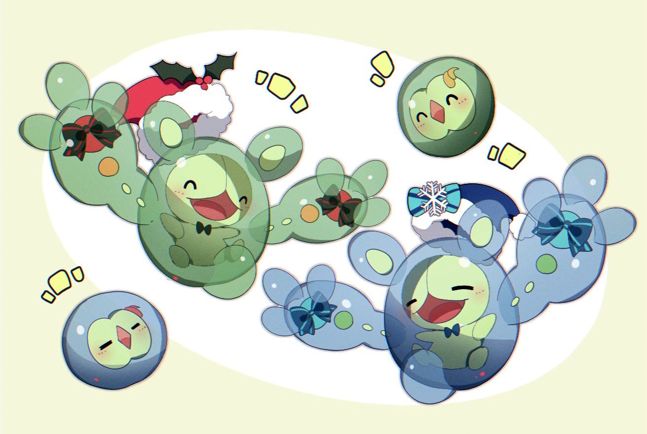 alu_drp blush bow closed_eyes commentary_request gen_5_pokemon mistletoe no_humans open_mouth pokemon pokemon_(creature) reuniclus smile snowflakes solosis tongue