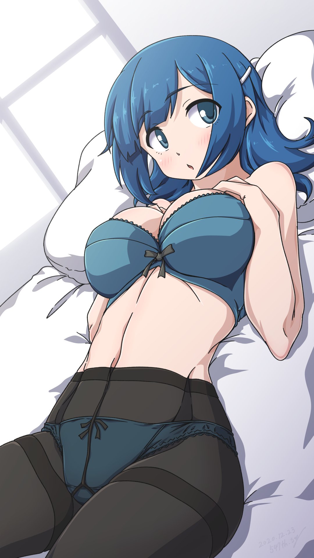 1girl 547th_sy :o alternate_hairstyle bed bed_sheet bedroom black_legwear blue_hair blush bra breasts eyebrows_visible_through_hair green_bra green_panties hair_ornament hairclip highres indoors kantai_collection large_breasts looking_at_viewer lying medium_hair navel official_alternate_costume on_bed panties panties_under_pantyhose pantyhose pillow solo souryuu_(kantai_collection) underwear