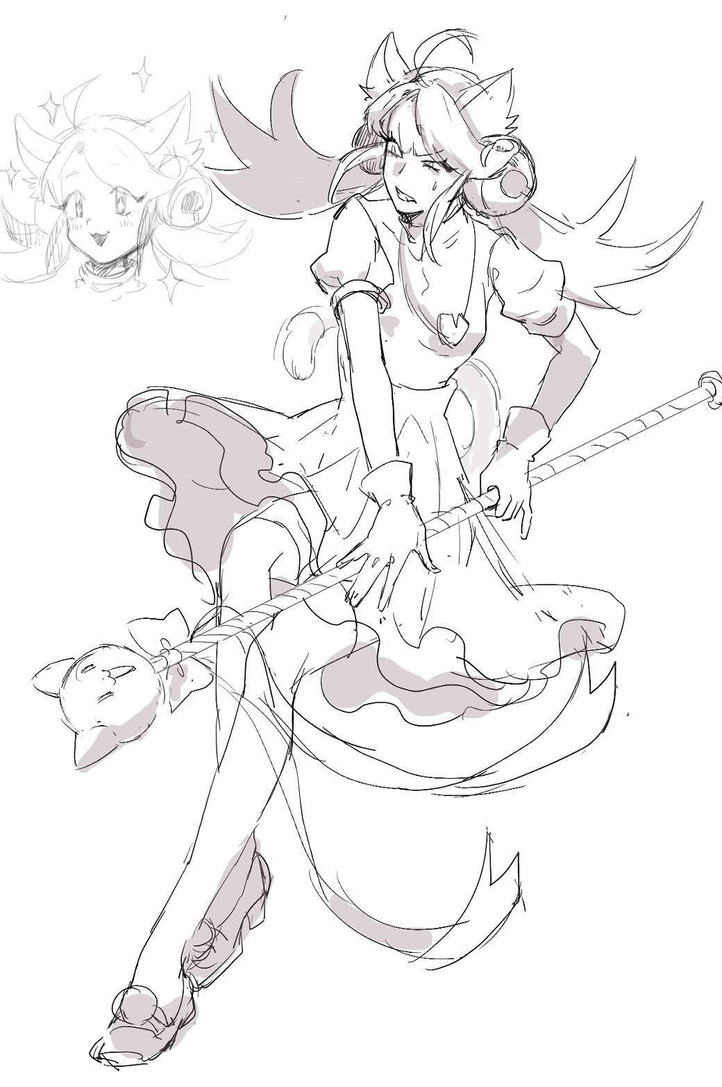 1girl :3 ahoge angry animal_ear_fluff animal_ears bell cat_ears clenched_teeth dress gloves greyscale hagioshi hair_bell hair_ornament highres holding holding_staff mad_mew_mew monochrome multiple_views open_mouth pom_pom_(clothes) simple_background sketch sparkle staff sweat teeth thigh-highs transgender undertale