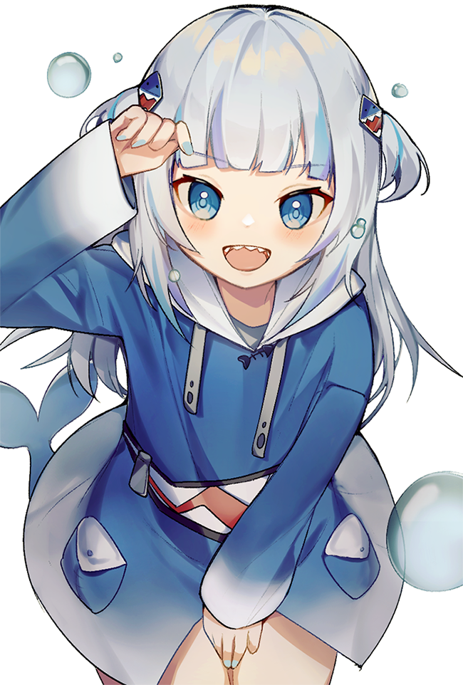 1girl blue_eyes blue_hair blue_hoodie blue_nails bubble eyebrows_visible_through_hair fish_skeleton fish_tail gawr_gura hair_ornament hololive hololive_english hood hoodie open_mouth shark_girl shark_hair_ornament shark_tail sharp_teeth short_twintails smile solo tail teeth twintails virtual_youtuber xoaiu zipper