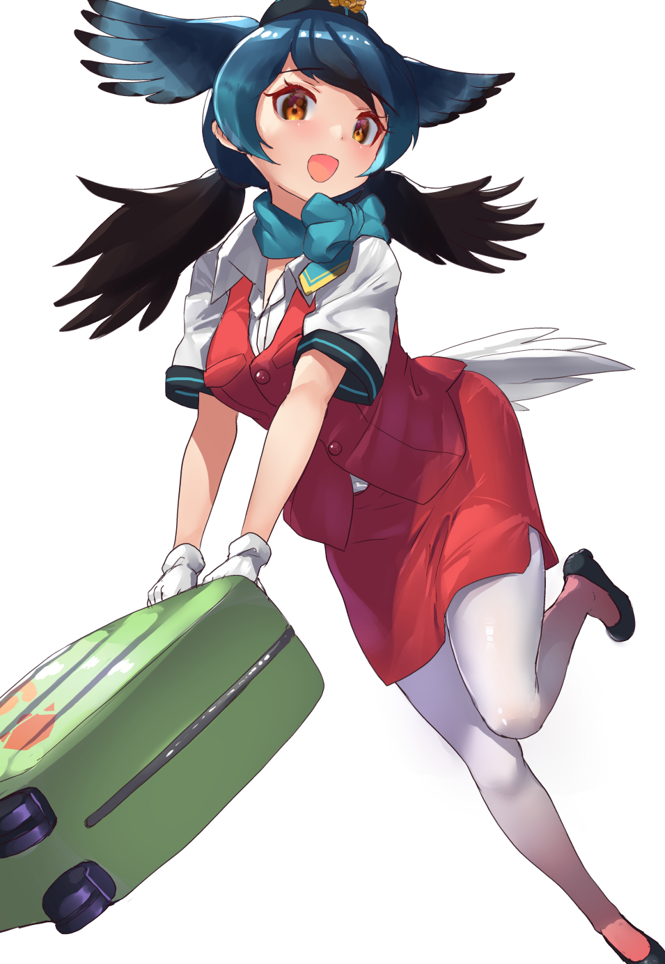 1girl bird_girl bird_tail bird_wings black_footwear black_hair blue_hair blue_neckwear blush bow bowtie collared_shirt eyebrows_visible_through_hair garrison_cap gloves gradient gradient_legwear hat head_wings high_heels highres kemono_friends long_hair looking_at_viewer low_twintails luggage multicolored multicolored_clothes multicolored_hair multicolored_legwear orange_eyes pantyhose passenger_pigeon_(kemono_friends) pencil_skirt red_legwear red_skirt red_vest scarf shirt short_sleeves simple_background skirt solo stewardess tadano_magu twintails vest white_background white_gloves white_legwear white_shirt wings