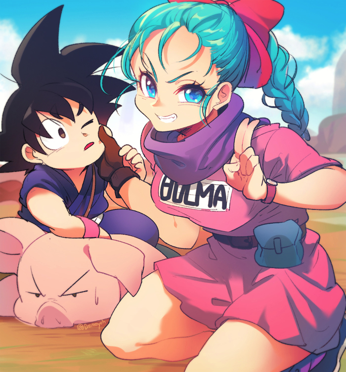 1girl 2boys animal annoyed bare_legs belt black_eyes black_footwear black_hair blue_eyes blue_hair blue_sky blurry blurry_background braid braided_ponytail breasts brown_belt brown_gloves bulma character_name cheek_pull clenched_teeth clothes_writing clouds cloudy_sky day dirt dougi dragon_ball dragon_ball_(classic) dress elbow_rest eyelashes facing_viewer fanny_pack floor frown gloves grin hair_ribbon hand_on_another's_cheek hand_on_another's_face hand_on_another's_head hand_up kneeling large_breasts looking_at_another looking_at_viewer mountain multiple_boys neckerchief ommmyoh one_eye_closed oolong outdoors parted_lips pig pink_dress purple_neckwear red_ribbon ribbon salute shiny shiny_hair short_dress short_sleeves single_glove sky smile son_goku spiky_hair sweatdrop tareme teeth twitter_username v-shaped_eyebrows watch watch wristband