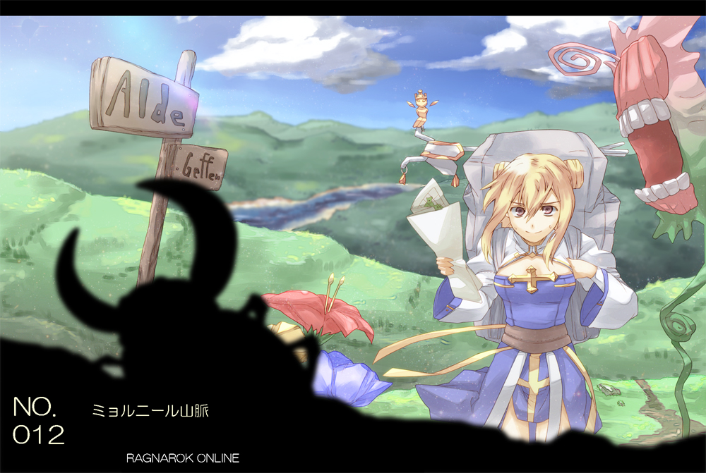 1girl archbishop_(ragnarok_online) backpack bag bangs bee blonde_hair blue_dress blue_flower brown_sash bug choukichi cleavage_cutout closed_mouth clothing_cutout clouds commentary_request copyright_name cowboy_shot crown double_bun dress extra_mouth eyebrows_visible_through_hair flora_(ragnarok_online) flower hair_between_eyes hiking hill holding holding_map insect juliet_sleeves long_sleeves looking_at_another looking_to_the_side map mistress_(ragnarok_online) monster number path pink_eyes puffy_sleeves ragnarok_online red_flower river scenery short_hair sidelocks sign silhouette sky smile standing sweat translated white_dress wide_sleeves yellow_flower