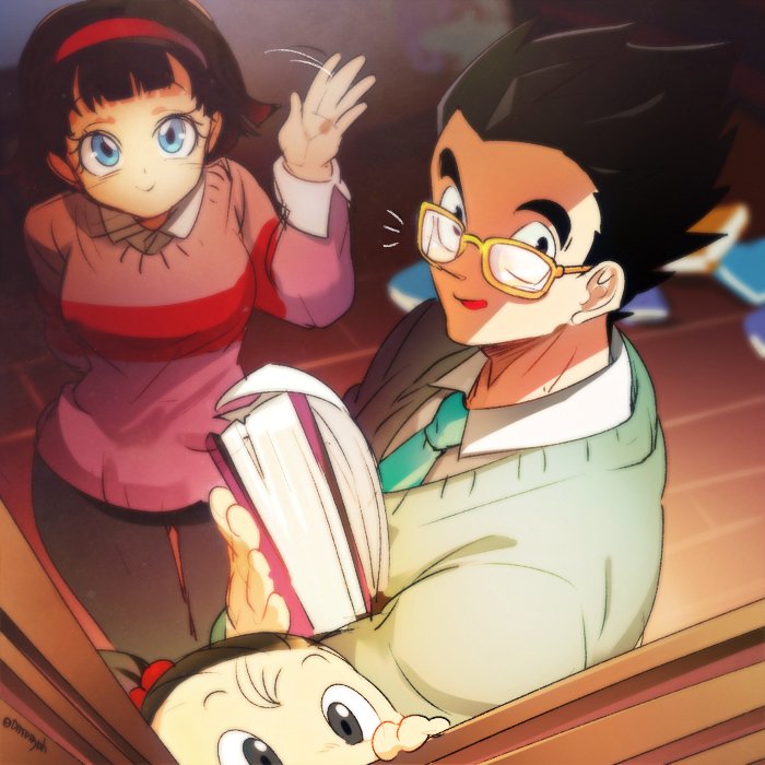 1boy 2girls ^^^ aqua_neckwear arm_behind_back ass_visible_through_thighs bangs black_eyes black_hair black_legwear blue_eyes blunt_bangs blurry blurry_background book closed_mouth collared_shirt couple dot_nose dragon_ball dragon_ball_super dress_shirt dutch_angle eyelashes facing_viewer family father_and_daughter fisheye floor from_above glasses green_sweater hair_bobbles hair_ornament hair_slicked_back hairband hand_rest hand_up happy holding holding_book husband_and_wife indoors light_smile looking_afar looking_at_viewer looking_to_the_side mother_and_daughter multiple_girls necktie ommmyoh pan_(dragon_ball) pantyhose parted_lips peeking_out pink_sweater red_hairband shaded_face shirt short_hair smile son_gohan speed_lines spiky_hair striped striped_sweater surprised sweater tareme thigh_gap through_window twitter_username very_short_hair videl waving white_shirt window wooden_floor yellow-framed_eyewear