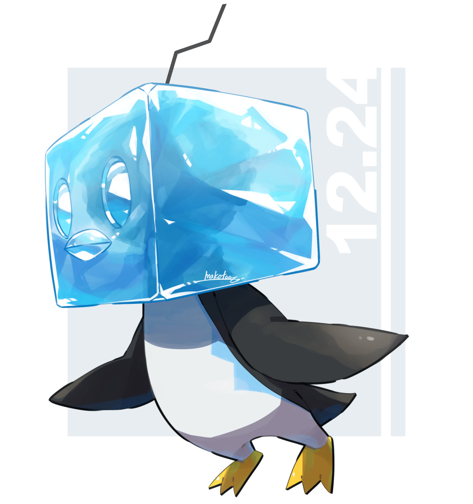 bird commentary_request eiscue eiscue_(ice) full_body gen_8_pokemon ice makoto_ikemu no_humans number penguin pokemon pokemon_(creature) signature solo