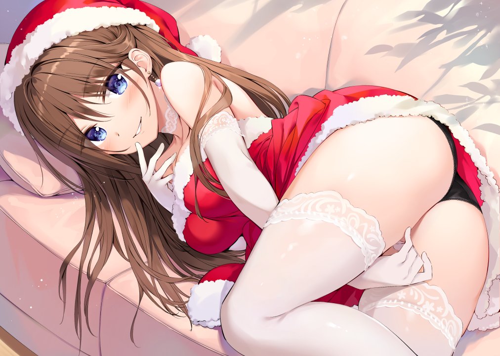 1girl arm_between_legs ass bangs bare_shoulders bed between_legs black_panties blue_eyes boku_no_kanojo_sensei breasts brown_hair choker christmas christmas_dress commentary_request dress earrings elbow_gloves eyebrows_visible_through_hair finger_to_mouth fujiki_maka fur_trim gloves grin hat jewelry long_hair looking_at_viewer lying medium_breasts on_bed on_side oryou panties parted_lips pillow red_dress red_headwear santa_hat short_dress smile solo strapless strapless_dress thigh-highs underwear white_gloves white_legwear