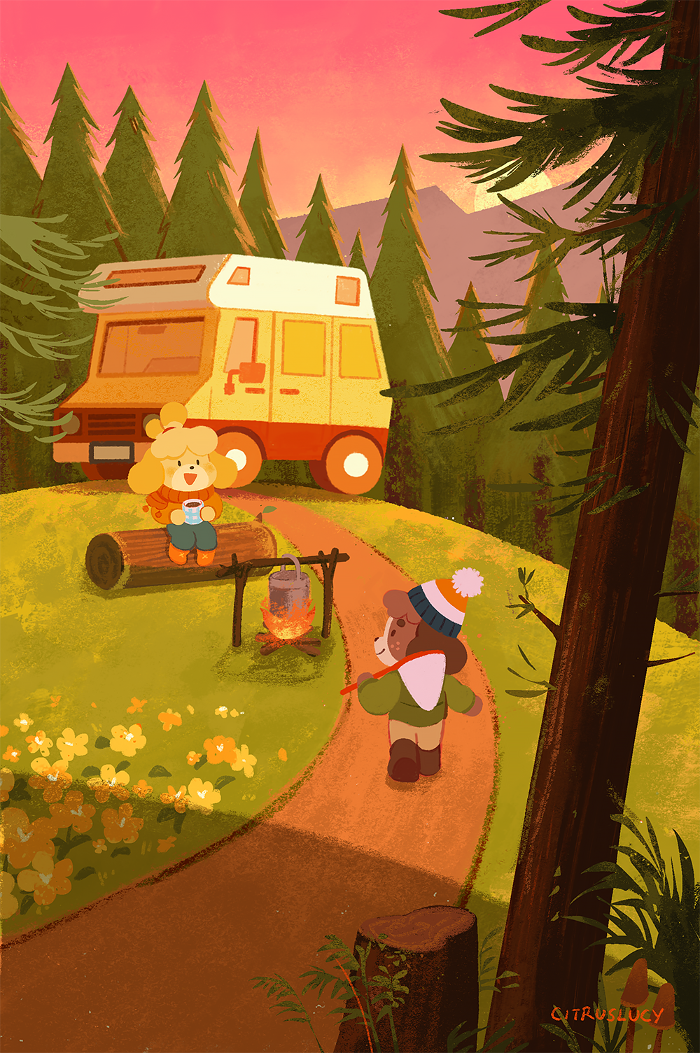 1boy 1girl :d animal_crossing camping character_request citruslucy closed_mouth commentary english_commentary eye_contact fire happy hat highres isabelle_(animal_crossing) log looking_at_another open_mouth outdoors pine_tree road signature sitting sky smile tree walking