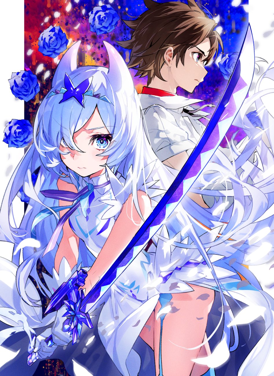 1boy 1girl apocalypse_witch blue_eyes blue_hair brown_hair closed_mouth dress garter_straps gloves hair_over_one_eye hairband highres holding holding_sword holding_weapon horns long_hair looking_at_viewer mika_pikazo sanpaku shirt short_sleeves solo_focus sword thigh-highs two-handed very_long_hair weapon white_dress white_gloves white_shirt