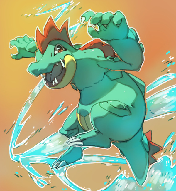 brown_background claws commentary creature english_commentary fangs feraligatr full_body gen_2_pokemon jumping looking_at_viewer no_humans open_mouth pinkgermy pokemon pokemon_(creature) simple_background solo water