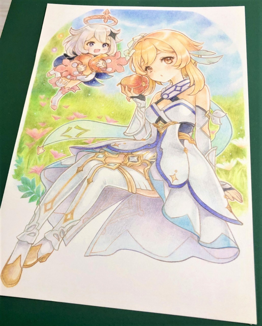 2girls bangs bare_shoulders blonde_hair blue_eyes blush breasts cape colored_pencil_(medium) detached_sleeves dress floating flower food food_request genshin_impact grass hair_between_eyes hair_flower hair_ornament halo highres holding holding_food looking_at_viewer lumine_(genshin_impact) medium_breasts meillandina multiple_girls open_mouth paimon_(genshin_impact) photo_(medium) pink_flower scarf short_hair sitting sky traditional_media white_dress white_hair white_legwear yellow_eyes