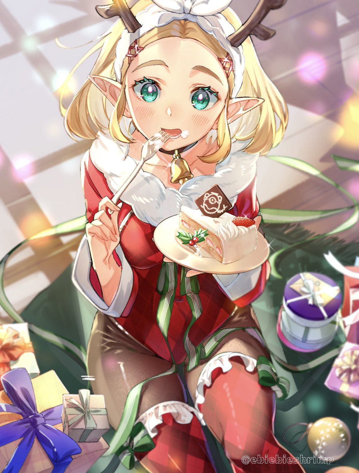 1girl aqua_eyes bangs bell bell_collar black_legwear blonde_hair blurry blurry_background blush box breasts cake cameo chocolate christmas christmas_ornaments collar commentary cowboy_shot cream cream_on_face eating eyelashes fake_antlers food food_on_face fork fruit gift gift_box green_ribbon hairband highres holding holding_fork holding_plate hyrule_warriors:_age_of_calamity leotard looking_at_viewer medium_breasts open_mouth pantyhose parted_bangs plaid plaid_legwear plate pointy_ears princess_zelda red_legwear red_leotard ribbon rug santa_costume short_hair shuri_(84k) solo strawberry symbol_commentary terrako the_legend_of_zelda the_legend_of_zelda:_breath_of_the_wild the_legend_of_zelda:_breath_of_the_wild_2 thick_eyebrows thigh-highs thighhighs_over_pantyhose twitter_username