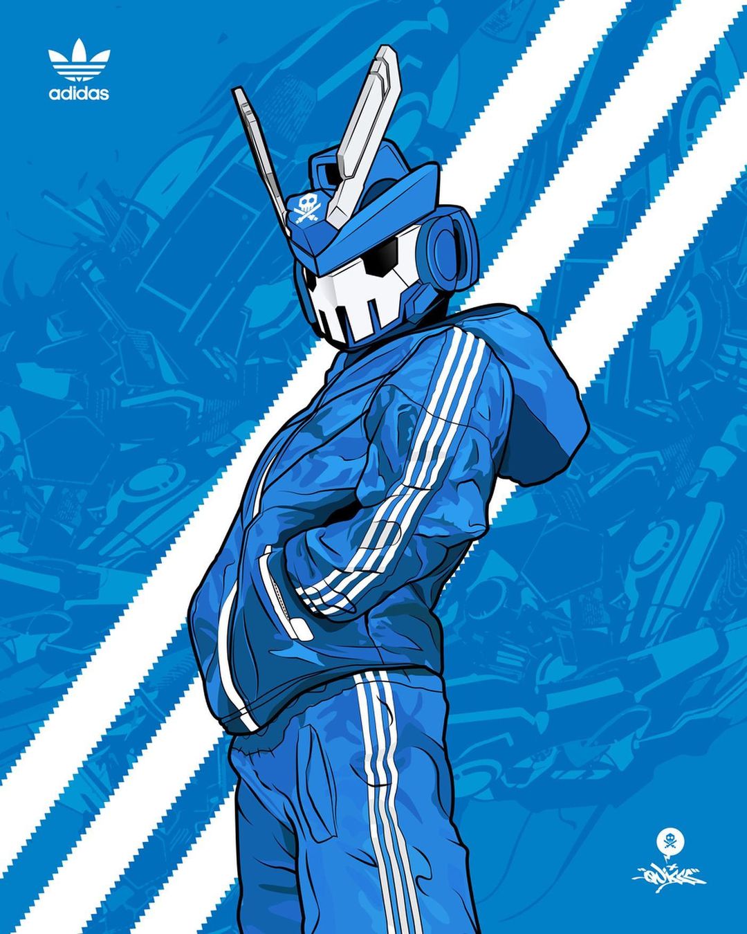 1boy adidas artist_name blue_jacket blue_pants hands_in_pockets highres hood hooded_jacket jacket logo looking_at_viewer official_art original pants quiccs robot science_fiction solo teq63 track_jacket track_pants track_suit v-fin