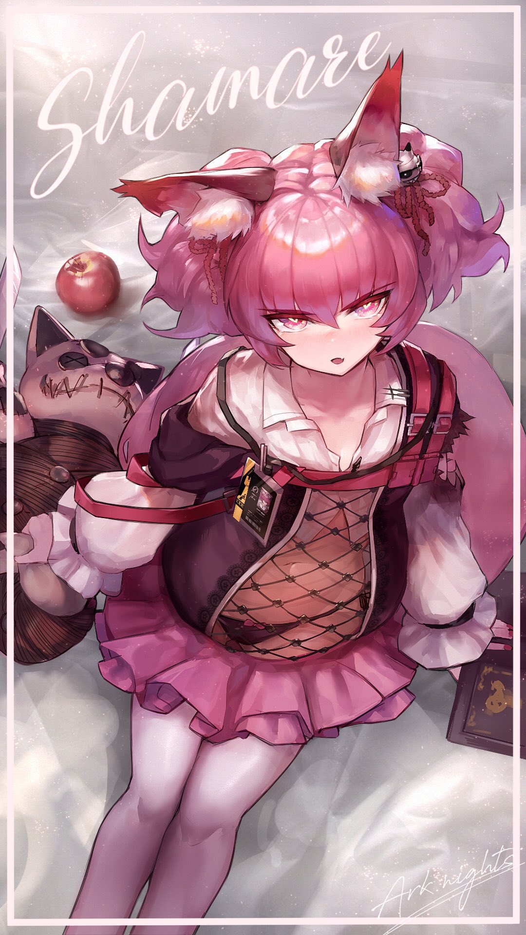 1girl animal_ear_fluff animal_ears apple arknights bangs book bow bow_panties burnt_clothes character_name collarbone collared_shirt copyright_name crop_top dress_shirt food fox_ears fox_girl fox_tail fruit heart heart-shaped_pupils highres holding holding_stuffed_toy id_card ink. lanyard long_sleeves midriff navel open_mouth panties pantyhose purple_hair purple_panties purple_vest shamare_(arknights) shirt short_hair sitting solo stuffed_animal stuffed_toy stuffed_wolf symbol-shaped_pupils tail twintails underwear vest violet_eyes white_legwear white_shirt