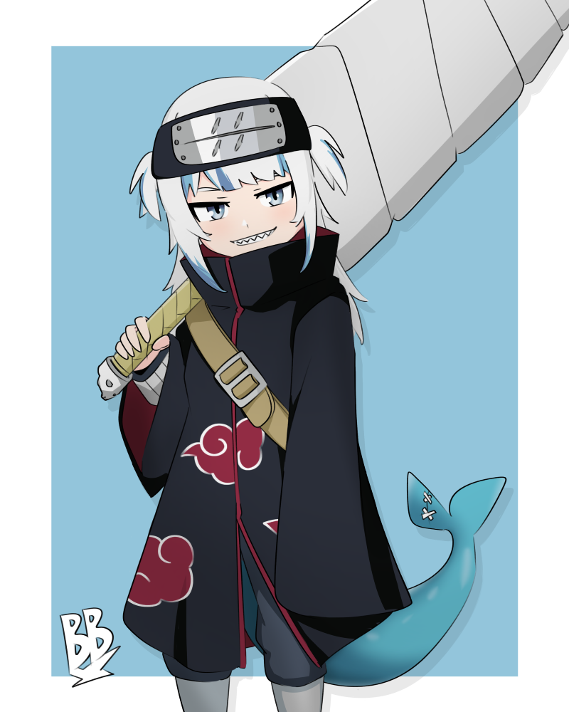 akatsuki_uniform briggbragg cosplay fish_tail forehead_protector gawr_gura holding holding_weapon hololive hoshigaki_kisame hoshigaki_kisame_(cosplay) huge_weapon kirigakure_symbol naruto_(series) samehada_(naruto) shark shark_tail sharp_teeth sword tail teeth virtual_youtuber weapon