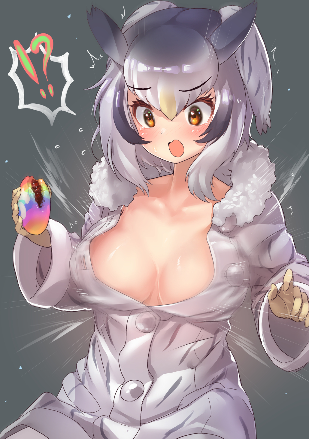 !? 1girl :o bangs black_hair breast_expansion breasts coat collarbone eyebrows_visible_through_hair flying_sweatdrops food fur_collar gloves grey_background grey_coat grey_hair hair_between_eyes highres japari_bun kemono_friends large_breasts long_sleeves multicolored_hair no_bra northern_white-faced_owl_(kemono_friends) open_clothes open_coat open_mouth orange_eyes simple_background solo spoken_interrobang tadano_magu white_hair wide_sleeves yellow_gloves