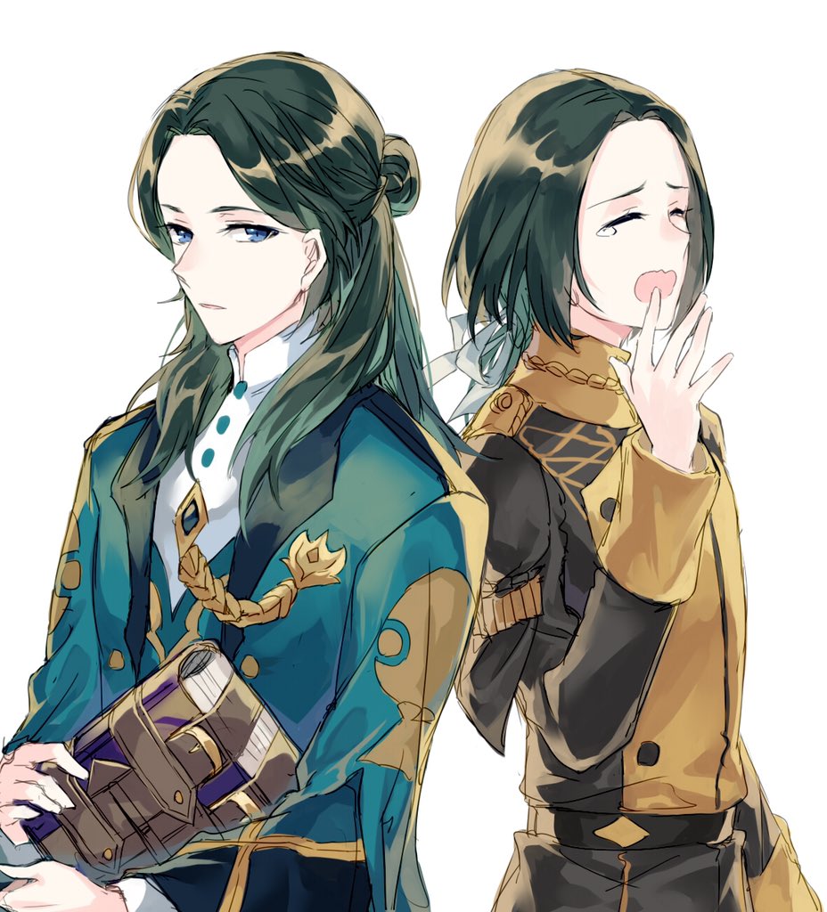 2boys ^_^ black_jacket blue_eyes blue_jacket book closed_eyes commentary_request dual_persona fire_emblem fire_emblem:_three_houses forehead garreg_mach_monastery_uniform green_hair hair_ribbon half_updo hand_up holding holding_book jacket jnsghsi linhardt_von_hevring long_hair long_sleeves looking_at_viewer multiple_boys ribbon simple_background tears upper_body white_background white_ribbon