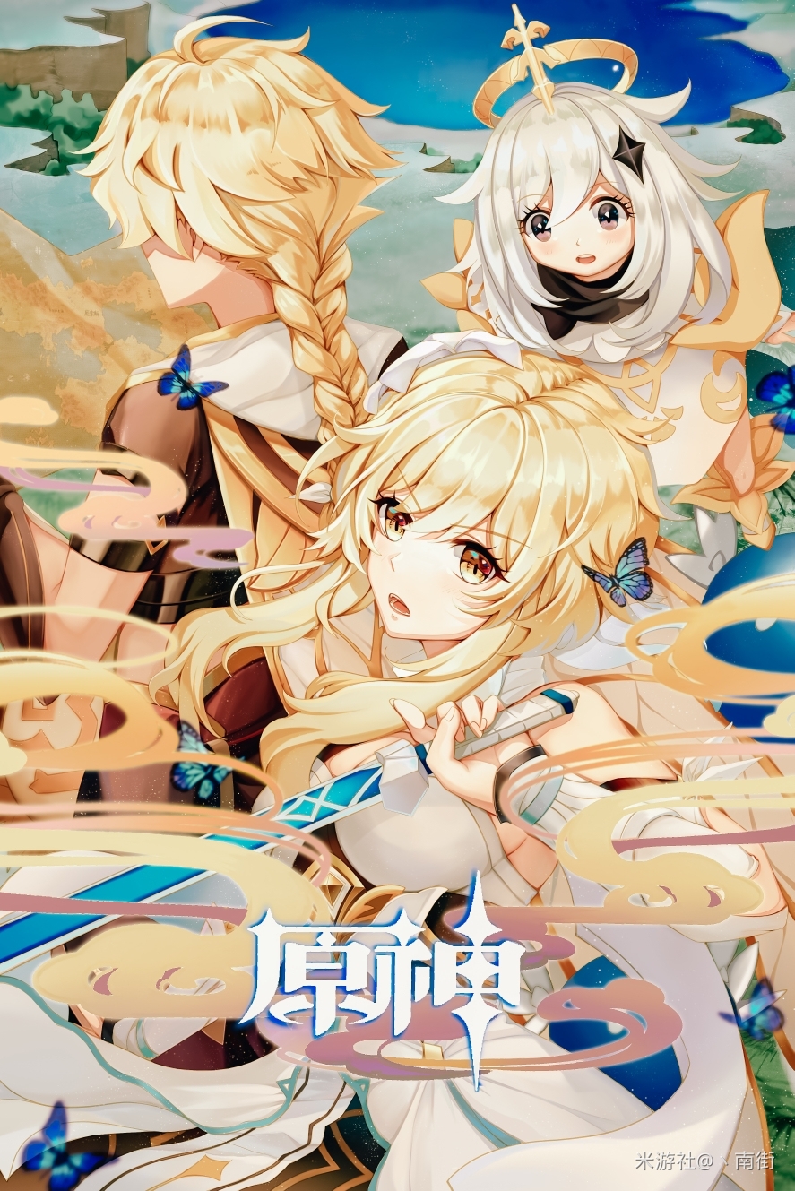 1boy 2girls ahoge bare_shoulders blonde_hair blue_eyes breasts bug butterfly cape detached_sleeves dress floating flower furrowed_eyebrows genshin_impact hair_between_eyes hair_flower hair_ornament halo highres holding holding_weapon insect long_hair looking_at_viewer looking_away lumine_(genshin_impact) medium_breasts multiple_girls mystery_man open_mouth paimon_(genshin_impact) scarf short_hair short_sleeves sword weapon white_dress white_hair yellow_eyes
