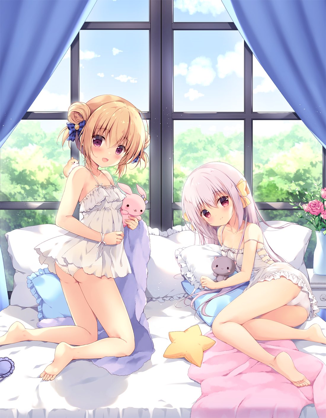 2girls :d ass bangs bare_arms bare_legs bare_shoulders barefoot bed_sheet blue_bow blush bow closed_mouth commentary_request curtains day double_bun dress eyebrows_visible_through_hair frilled_dress frilled_pillow frills hair_between_eyes hair_bow highres hoshigaoka_ciel inae_koron indoors kneeling koi_ni_kanmi_o_soete light_brown_hair long_hair looking_at_viewer lying miyasaka_nako multiple_girls on_side open_mouth pamu-chan pillow plaid plaid_bow red_eyes short_hair silver_hair sleeveless sleeveless_dress smile soles star_pillow stuffed_animal stuffed_bunny stuffed_cat stuffed_toy very_long_hair white_dress window yellow_bow