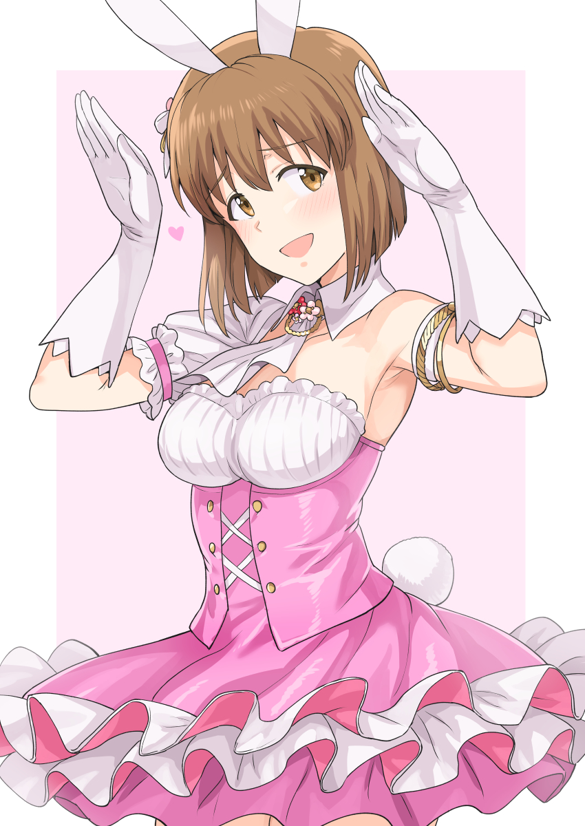 1girl :d animal_ears arm_garter armlet arms_up ascot bangs blush bob_cut border breasts brown_eyes brown_hair bunny_pose bunny_tail buttons collarbone commentary_request cross-laced_clothes detached_collar detached_sleeves dress elbow_gloves eyebrows_visible_through_hair fake_animal_ears fake_tail frilled_dress frills gloves hagiwara_yukiho hair_ribbon heart highres idolmaster idolmaster_(classic) looking_at_viewer medium_breasts open_mouth outside_border pink_background pink_dress rabbit_ears ribbon short_hair short_sleeves single_bare_shoulder single_detached_sleeve smile solo standing strapless strapless_dress tail tsurui white_border white_gloves white_neckwear white_ribbon