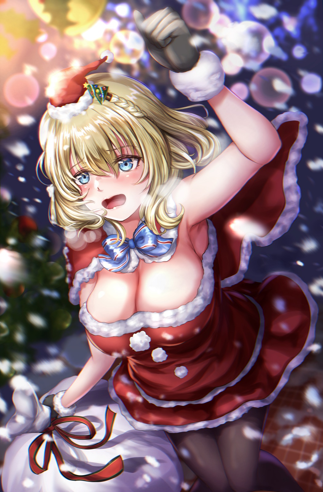 1girl alternate_costume black_gloves black_legwear blonde_hair blue_eyes breasts capelet colorado_(kantai_collection) dress fur-trimmed_capelet fur-trimmed_dress fur-trimmed_gloves fur_trim gloves hat highres holding holding_sack kantai_collection large_breasts mini_hat mini_santa_hat pantyhose red_capelet red_dress red_headwear sabakuomoto sack santa_costume santa_dress santa_hat short_dress short_hair side_braids sleeveless sleeveless_dress solo strapless strapless_dress