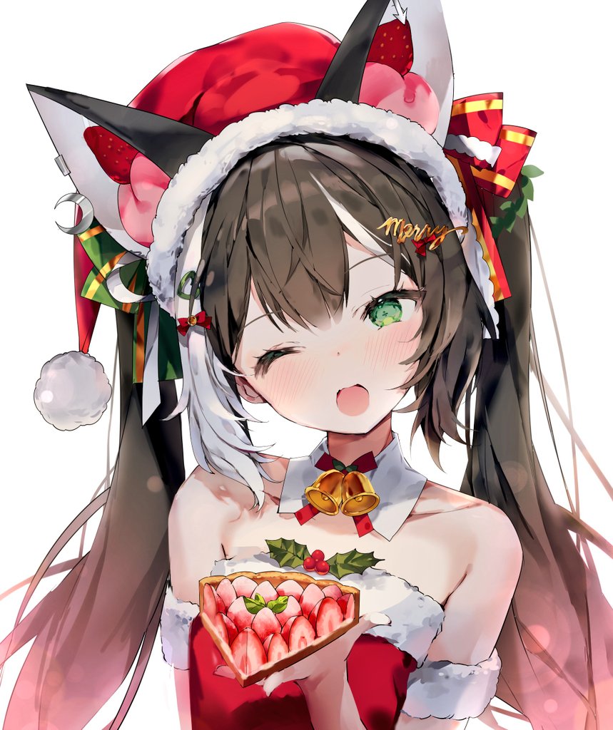 1girl ;d animal_ears armband bare_shoulders blush breasts brown_hair cake collarbone crescent detached_collar food fruit fur_trim green_eyes hat head_tilt holding holding_cake holding_food long_hair looking_at_viewer multicolored_hair naizotan one_eye_closed open_mouth original pom_pom_(clothes) red_headwear santa_hat simple_background small_breasts smile solo strawberry symbol-shaped_pupils twintails two-tone_hair upper_body white_background white_hair