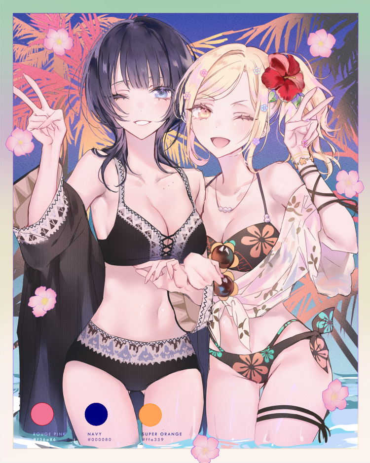 2girls asaka_karin bare_shoulders beach bikini collarbone cowboy_shot diverdiva eyelashes floral_print flower hair_flower hair_ornament kisumipri looking_at_viewer love_live! love_live!_nijigasaki_high_school_idol_club miyashita_ai multiple_girls one_eye_closed palm_tree summer swimsuit thigh_strap tree tropical v wading