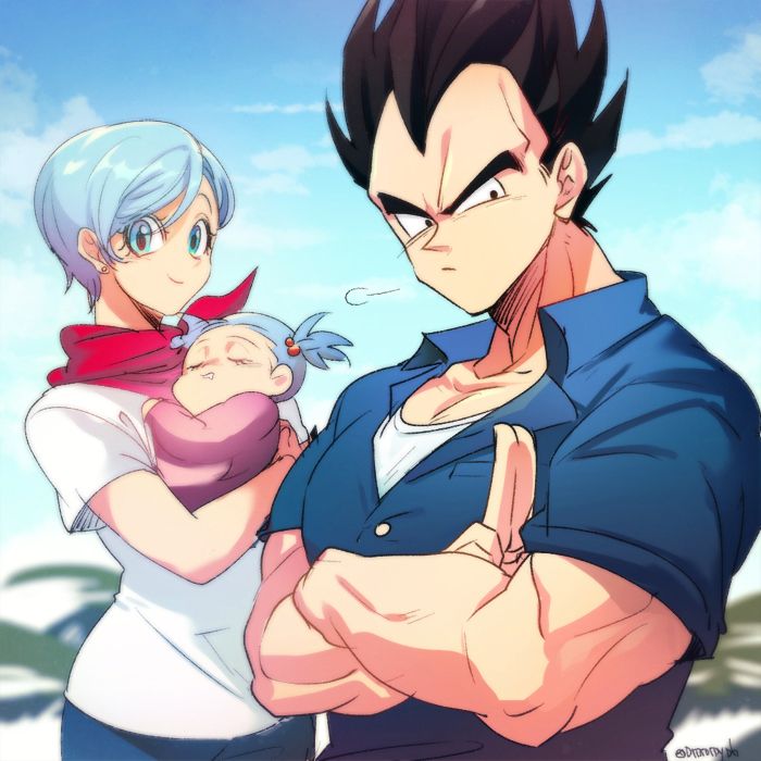 1boy 2girls =3 baby baby_carry black_eyes black_hair blue_hair blue_shirt blue_sky blurry blurry_background bra_(dragon_ball) bulma carrying closed_eyes closed_mouth clouds cloudy_sky collarbone collared_shirt couple crossed_arms day denim dragon_ball dragon_ball_super earrings eyelashes facing_viewer family father_and_daughter frown hair_bobbles hair_ornament happy jeans jewelry looking_at_viewer looking_to_the_side mother_and_daughter multiple_girls muscular neckerchief ommmyoh outdoors palm_tree pants pectorals red_neckwear salute serious shirt short_hair short_sleeves sky sleeping smile spiky_hair tree twintails twitter_username upper_body vegeta very_short_hair white_shirt