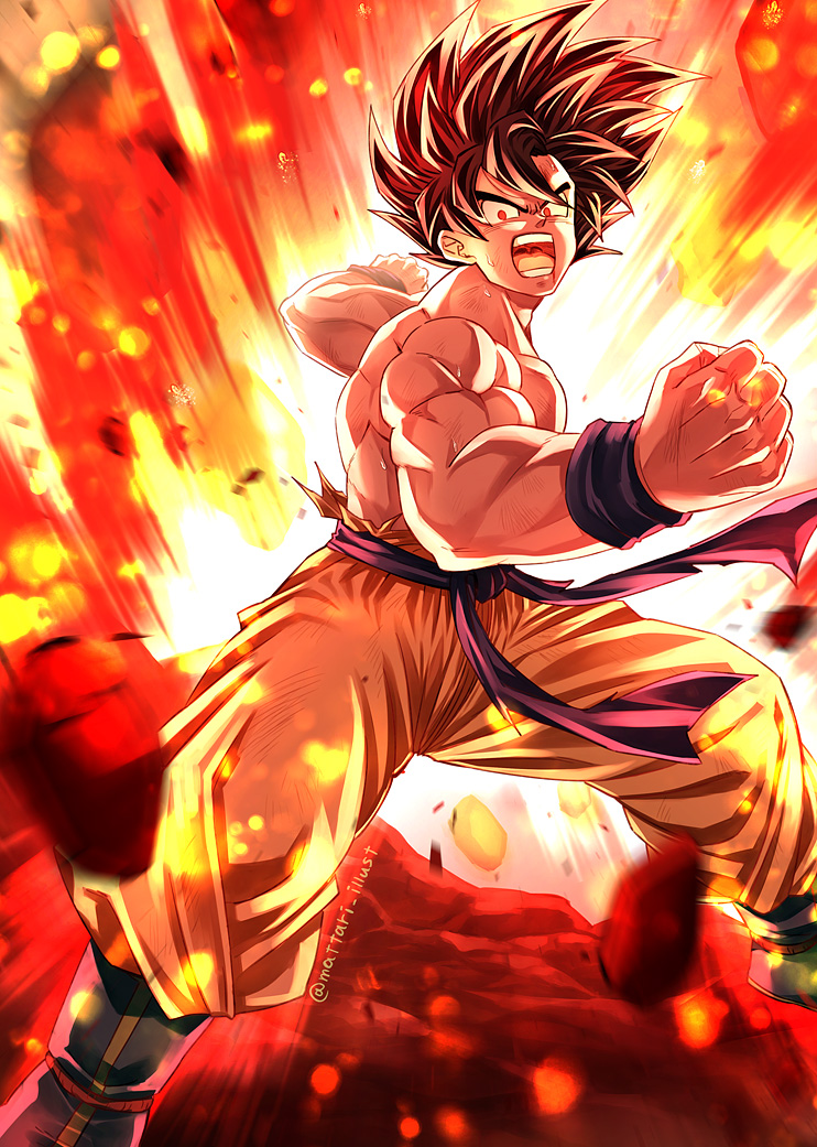 1boy brown_hair dragon_ball dragon_ball_z long_hair looking_at_viewer male_focus mattari_illust muscular open_mouth orange_pants red_eyes shirtless solo son_goku spiky_hair stance standing torn_clothes twitter_username v-shaped_eyebrows wristband