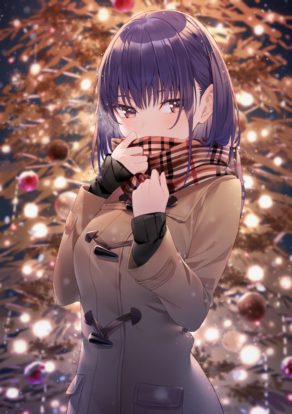 1girl bangs black_shirt blurry blurry_background blush breasts brown_coat brown_eyes brown_scarf christmas christmas_ornaments christmas_tree coat commentary_request covered_mouth depth_of_field eyebrows_visible_through_hair hakuishi_aoi hands_up highres long_hair long_sleeves looking_at_viewer medium_breasts original plaid plaid_scarf purple_hair scarf shirt sleeves_past_wrists solo upper_body