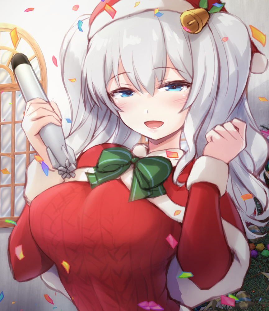 1girl bangs bell blue_eyes blush bow bowtie breasts capelet christmas confetti eyebrows_visible_through_hair h_(hhhhhh4649) hair_bell hair_between_eyes hair_ornament hat holding holding_torpedo indoors kantai_collection kashima_(kantai_collection) large_breasts long_hair long_sleeves open_mouth red_sweater santa_costume santa_hat silver_hair solo sweater torpedo twintails window