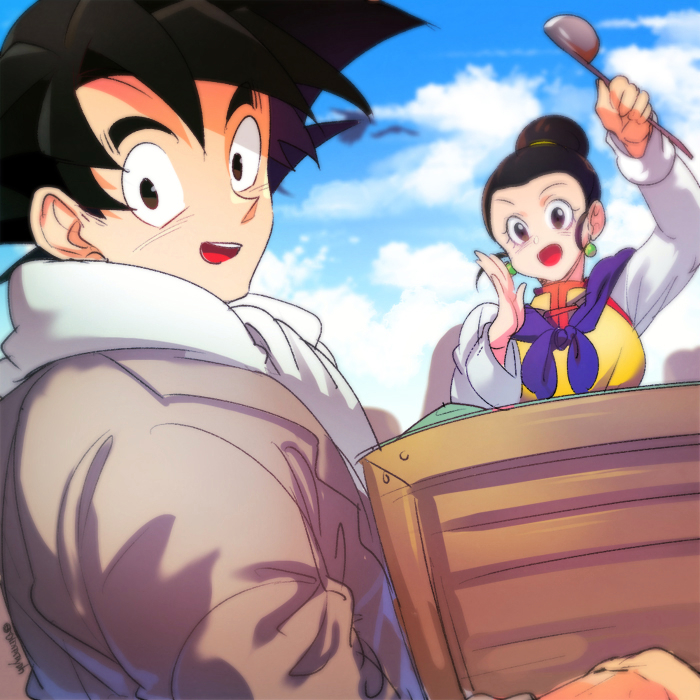 1boy 1girl :d beige_jacket black_eyes black_hair blue_sky blurry blurry_background box breasts chi-chi_(dragon_ball) chinese_clothes close-up clouds cloudy_sky couple day dragon_ball dragon_ball_super earrings eyelashes grey_neckwear hair_bun hand_up high_collar holding holding_box holding_ladle husband_and_wife jacket jewelry ladle light_smile long_sleeves looking_at_viewer looking_to_the_side medium_breasts neckerchief ommmyoh open_mouth outdoors purple_neckwear shaded_face sky smile son_goku spiky_hair tareme teeth twitter_username upper_body upper_teeth
