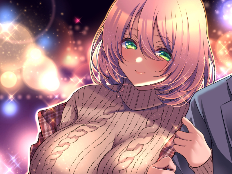 1boy 1girl aizawa_chihiro bangs beige_sweater blue_jacket blurry blurry_background blush breasts closed_mouth coat commentary_request green_eyes hair_between_eyes holding_another jacket medium_hair off_shoulder open_clothes open_coat original out_of_frame pink_hair ribbed_sweater smile sweater turtleneck turtleneck_sweater upper_body
