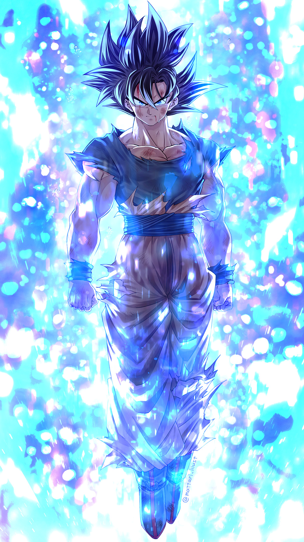 1boy bangs black_hair blood blood_from_mouth blue_eyes bruise bruise_on_face clenched_hands collarbone dragon_ball dragon_ball_super full_body grey_shirt hair_between_eyes highres injury long_hair looking_at_viewer male_focus mattari_illust orange_pants shirt short_sleeves solo son_goku spiky_hair torn_clothes torn_shirt twitter_username ultra_instinct