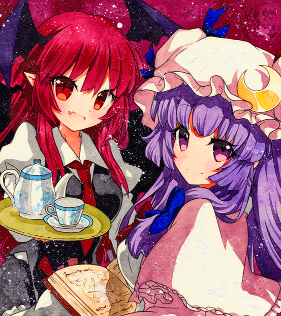 2girls :d bat_wings black_skirt black_vest blush book bookmark bow breasts collared_shirt commentary_request crescent crescent_moon_pin cup dress_shirt eyebrows_visible_through_hair eyelashes fang hair_between_eyes hat hat_bow head_wings holding holding_book juliet_sleeves koakuma light_particles long_hair long_sleeves looking_at_viewer looking_back medium_breasts mob_cap multiple_girls necktie open_book open_mouth patchouli_knowledge pentagram pink_capelet puffy_sleeves purple_hair qqqrinkappp red_background red_eyes red_neckwear redhead saucer shikishi shirt sidelocks simple_background skin_fang skirt skirt_set slit_pupils smile teacup teapot touhou traditional_media tray vest violet_eyes white_shirt wings