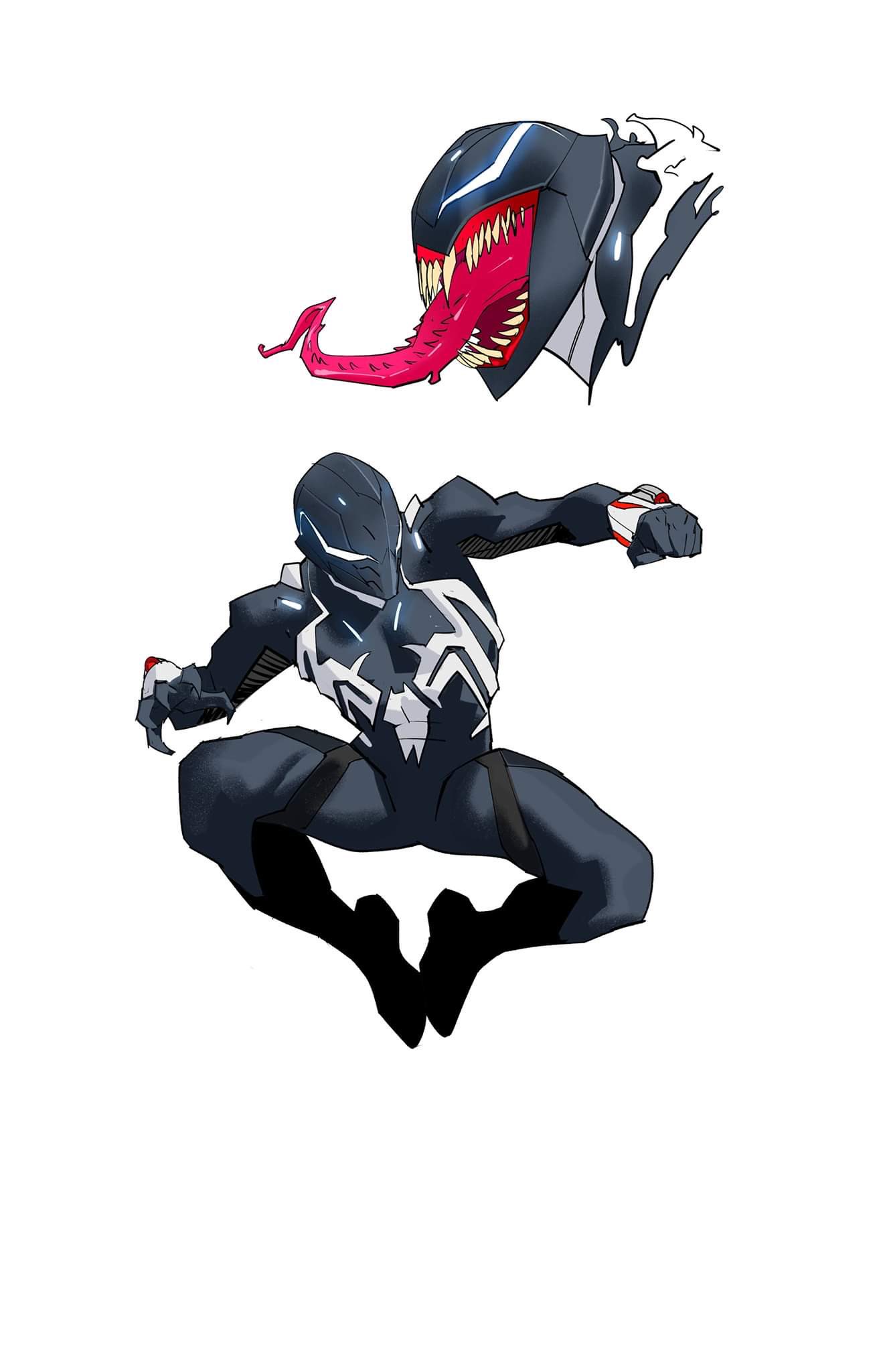 1boy armor blue_eyes clenched_hand dan_mora glowing glowing_eyes highres long_tongue looking_to_the_side marvel multiple_views open_hand open_mouth profile redesign sharp_teeth spider-man_(series) teeth tokusatsu tongue venom_(marvel)