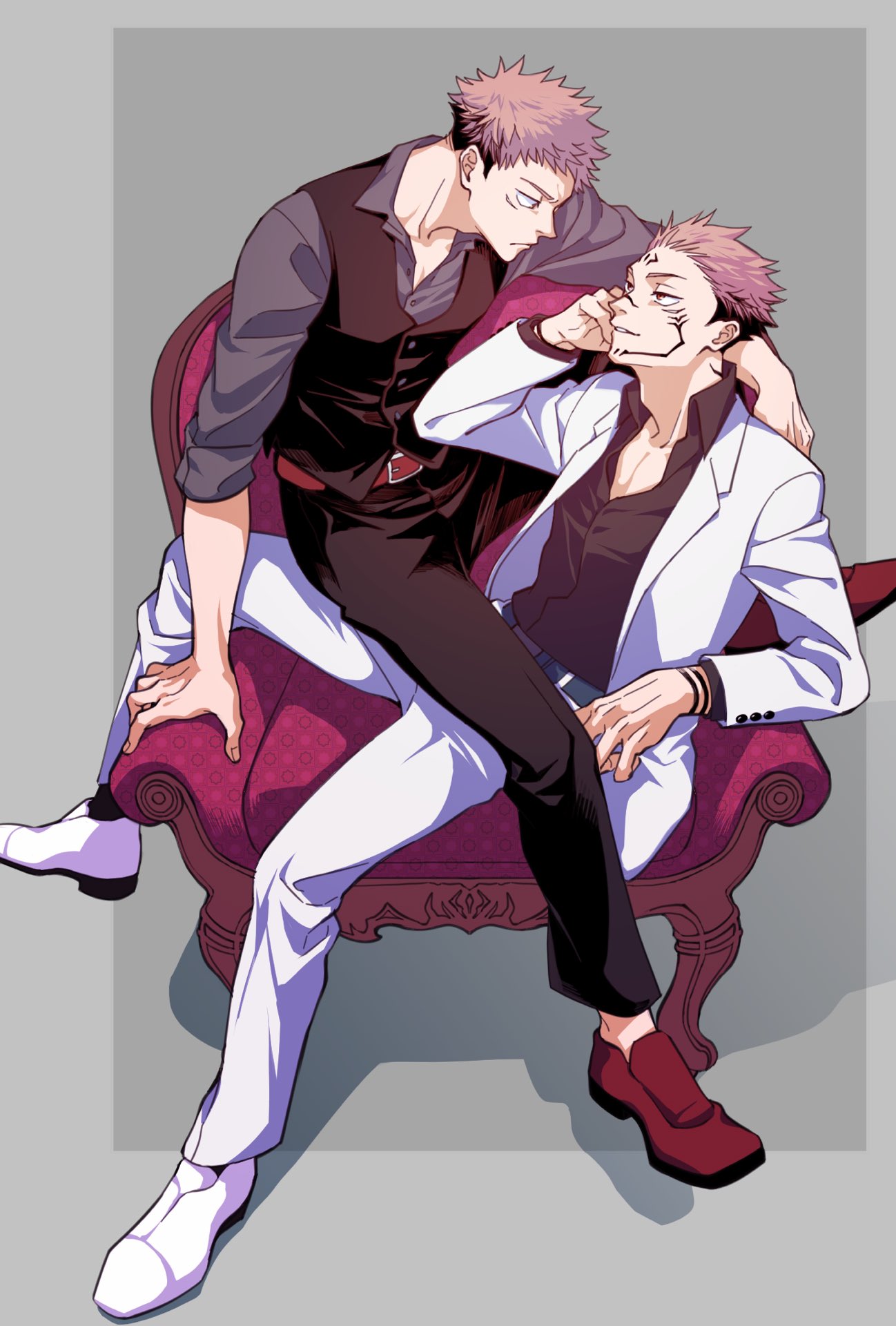 2boys belt black_hair black_pants black_shirt black_vest bn_gi7 chair collared_shirt dress_shirt dual_persona facial_mark facial_tattoo formal frown full_body grey_background grey_shirt head_rest highres itadori_yuuji jacket jujutsu_kaisen long_sleeves looking_at_another multiple_boys pants partially_unbuttoned pink_hair profile red_belt red_eyes red_footwear ryoumen_sukuna_(jujutsu_kaisen) shirt shoes short_hair simple_background sitting sleeves_rolled_up spiky_hair suit tattoo undercut vest white_footwear white_jacket white_pants white_suit