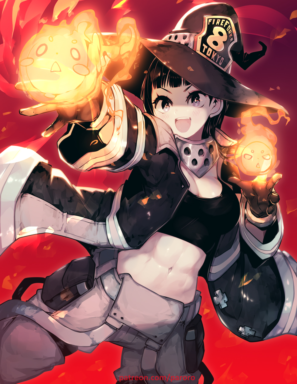 1girl abs bangs black_hair black_jacket black_tank_top blunt_bangs cargo_pants cowboy_shot creature crop_top determined dutch_angle en'en_no_shouboutai english_commentary fire hat highres jacket light_blush maki_oze midriff navel open_clothes open_jacket open_mouth pants parororo red_background short_hair smile solo stomach tank_top toned upper_teeth v-shaped_eyebrows witch_hat