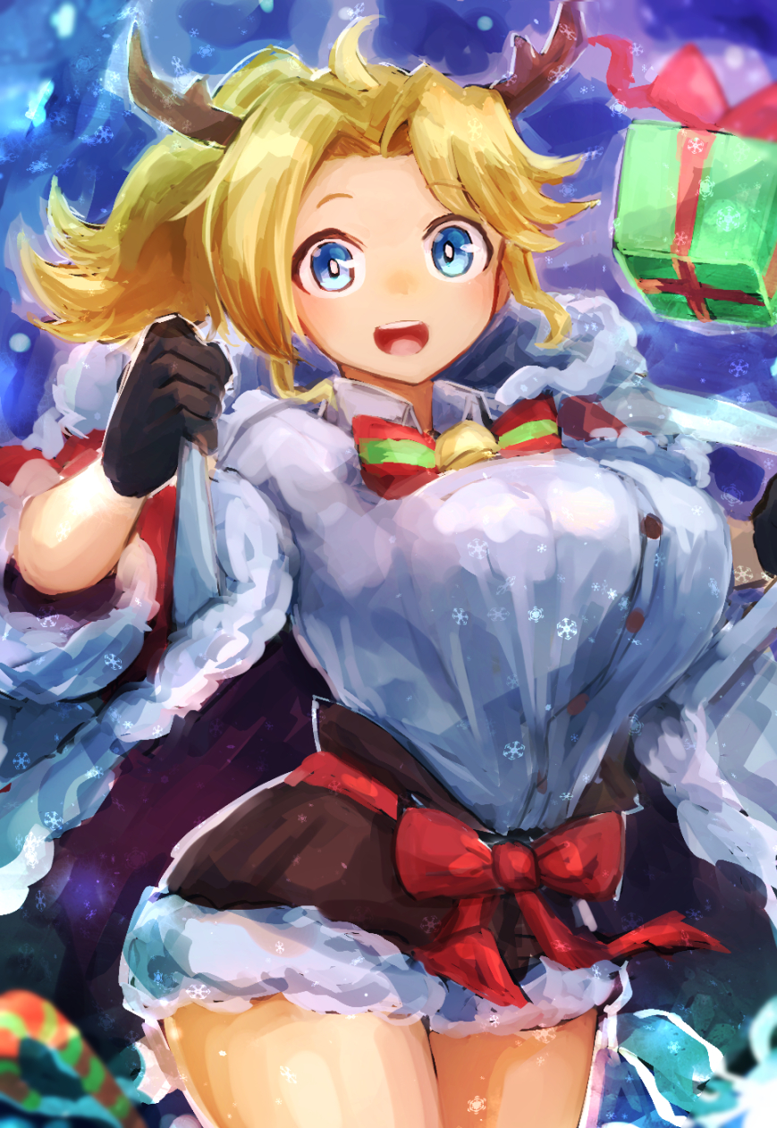 1girl ahoge aikawa_rumi antlers black_gloves blonde_hair blue_eyes bow bowtie box breasts collared_shirt dress_shirt fake_antlers fur-trimmed_jacket fur-trimmed_shorts fur_trim gift gift_box gloves hatano_kiyoshi highres jacket large_breasts long_hair metal_slug metal_slug_attack open_mouth red_jacket reindeer_antlers shirt short_shorts shorts smile solo white_shirt