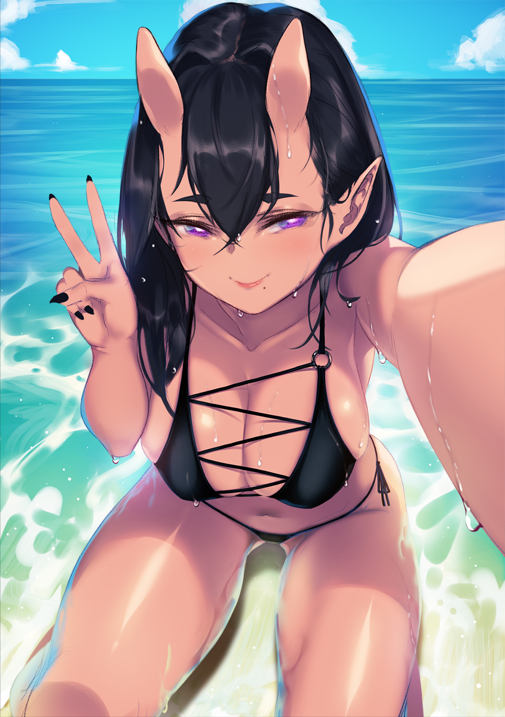 1girl bikini black_bikini blue_sky blueorca blush closed_mouth clouds cloudy_sky collarbone dripping fingernails hair_between_eyes half-closed_eyes highres horns long_hair mole mole_under_mouth ocean oni oni_horns original outdoors pointy_ears self_shot sharp_fingernails sky smile solo swimsuit v violet_eyes water wet