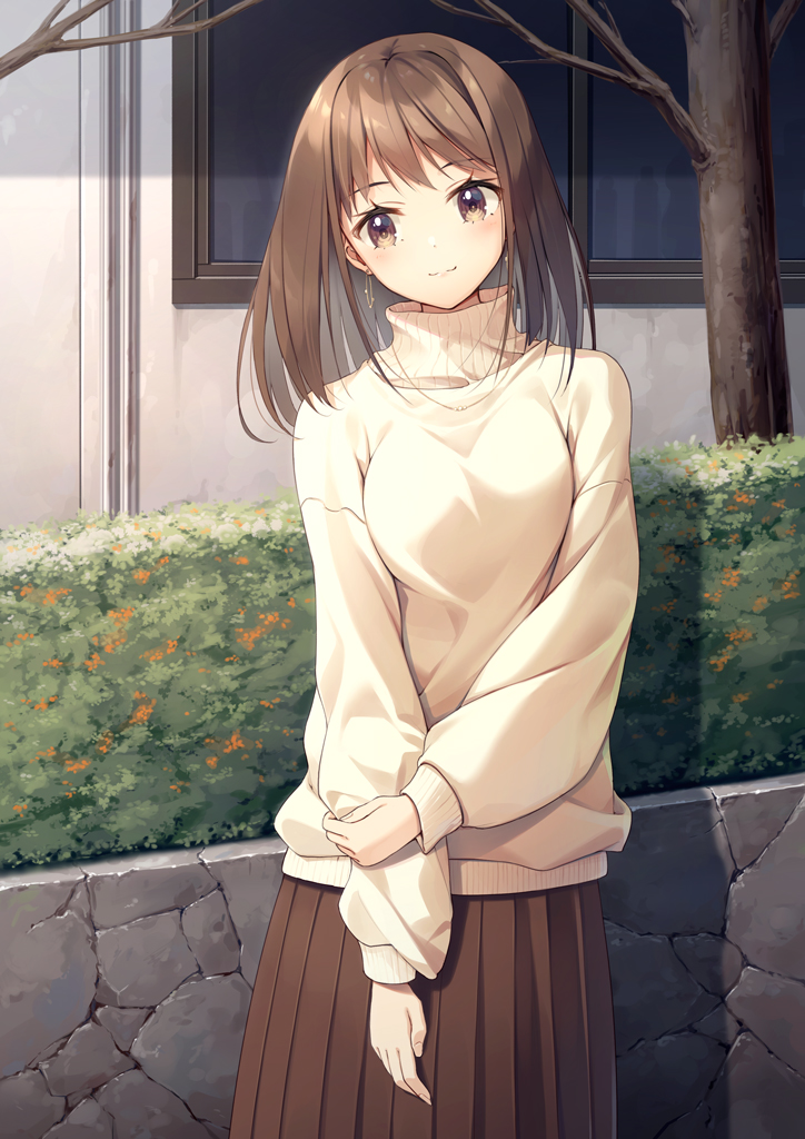 1girl bangs blush brown_eyes brown_hair brown_skirt building closed_mouth commentary_request day earrings eyebrows_visible_through_hair head_tilt hedge_(plant) jewelry kine-c long_hair looking_at_viewer original outdoors pleated_skirt skirt smile solo standing sweater tree turtleneck turtleneck_sweater white_sweater window