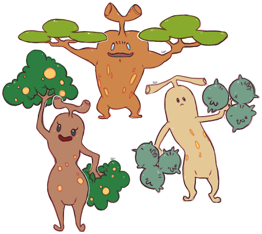 :d black_eyes blue_eyes closed_mouth commentary creature english_commentary frown full_body gen_2_pokemon looking_at_viewer no_humans open_mouth pinkgermy pokemon pokemon_(creature) signature simple_background smile solo standing sudowoodo white_background