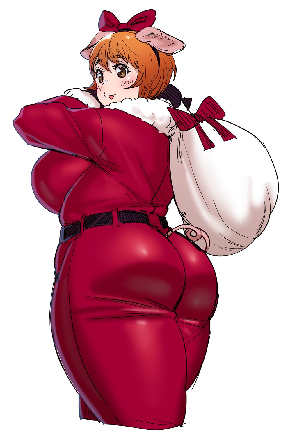 1girl :p animal_ears ass belt bow breasts brown_eyes brown_hair commentary hair_bow highres huge_breasts looking_at_viewer looking_back pig_ears pig_tail red_bow sack santa_costume short_hair solo synecdoche tail thick_thighs thighs tongue tongue_out