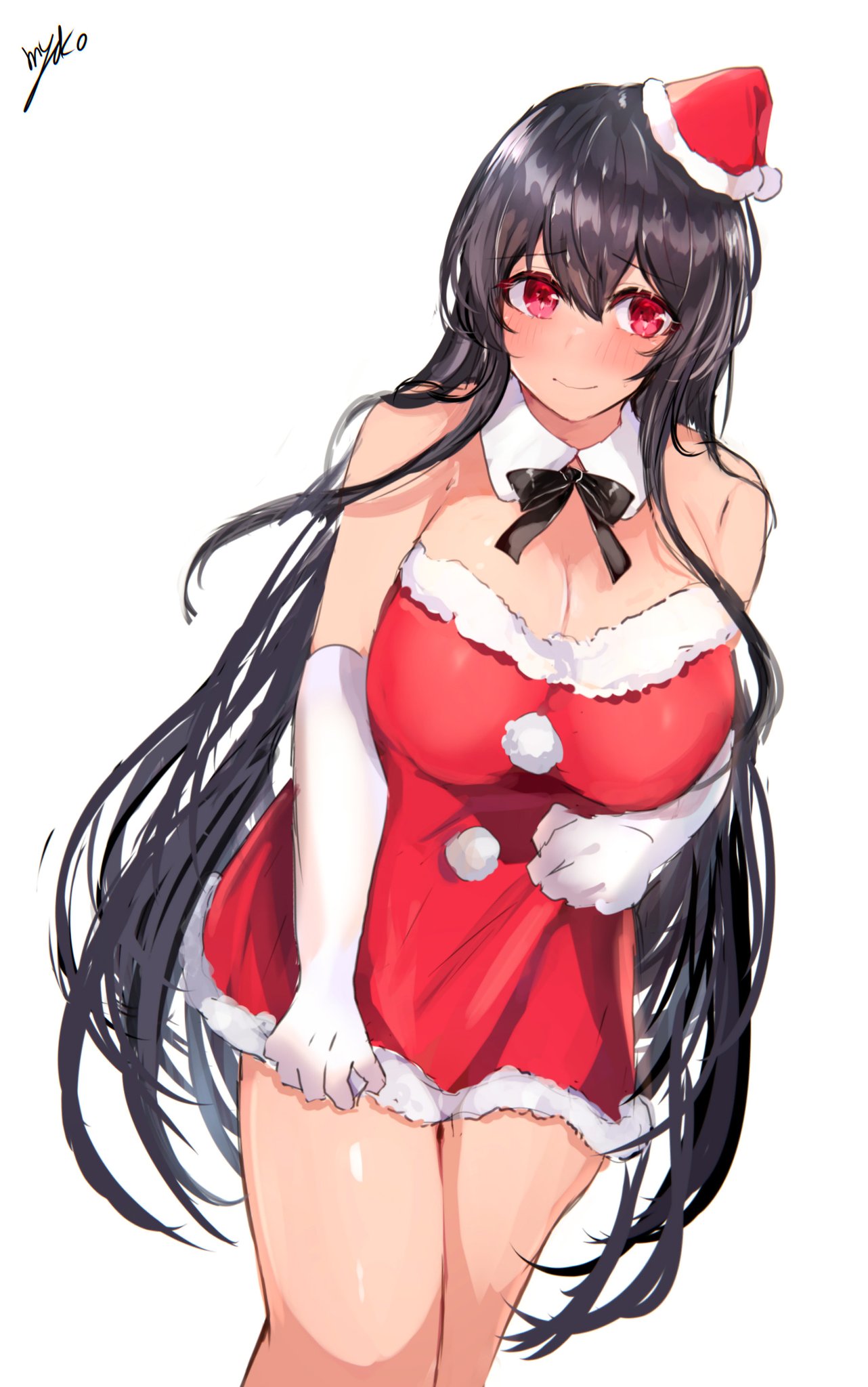 1girl alternate_costume artist_name black_hair black_neckwear bow bowtie breasts commentary_request cowboy_shot detached_collar dress elbow_gloves fur-trimmed_dress fur_trim fusou_(kantai_collection) gloves hat highres kantai_collection large_breasts long_hair looking_at_viewer miyako_(00727aomiyako) red_dress red_eyes red_headwear santa_hat signature simple_background solo white_background white_gloves